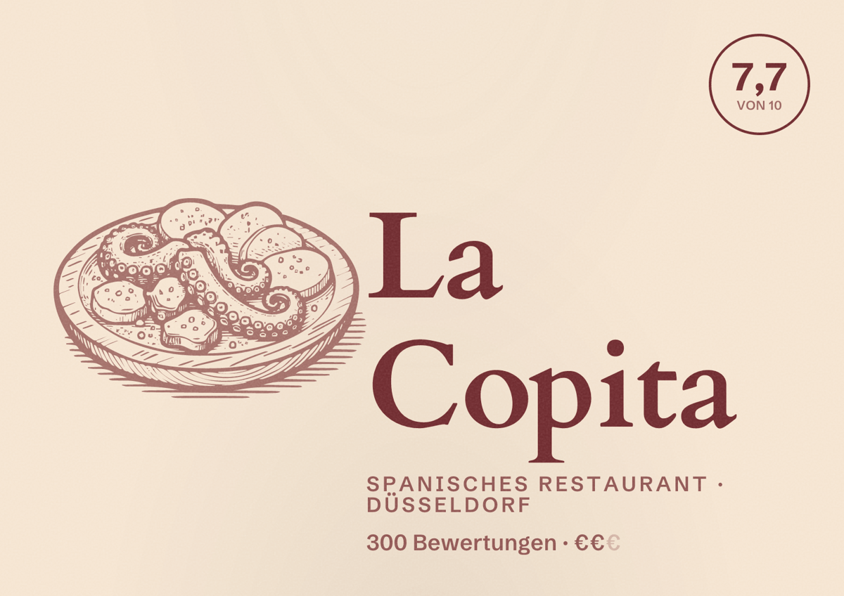 Illustriertes Poster von La Copita, Spanisches Restaurant in Düsseldorf: Bewertung 7,7 von 10 aus 300 Bewertungen, Preisniveau €€