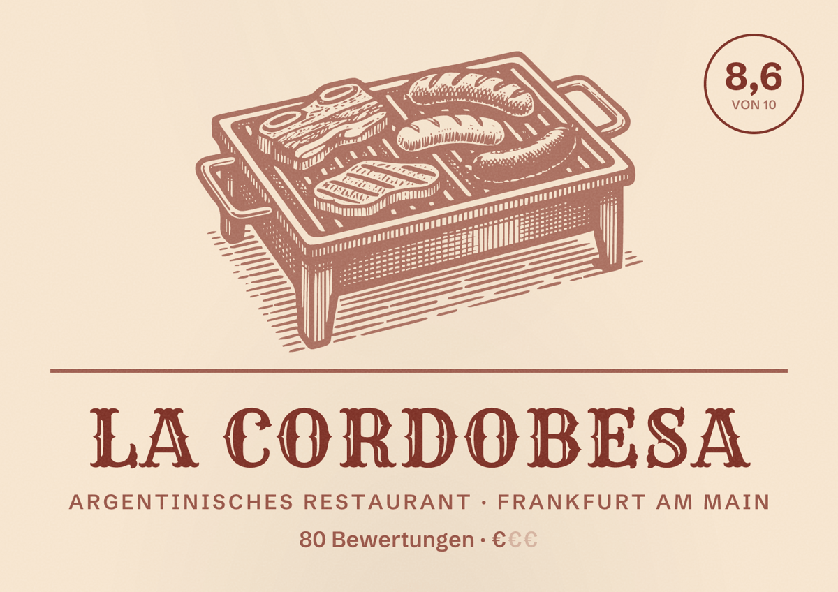 Illustriertes Poster von La Cordobesa, Argentinisches Restaurant in Frankfurt am Main: Bewertung 8,6 von 10 aus 80 Bewertungen, Preisniveau €