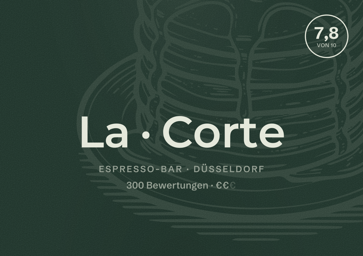 Illustriertes Poster von La Corte, Espresso-Bar in Düsseldorf: Bewertung 7,8 von 10 aus 300 Bewertungen, Preisniveau €€