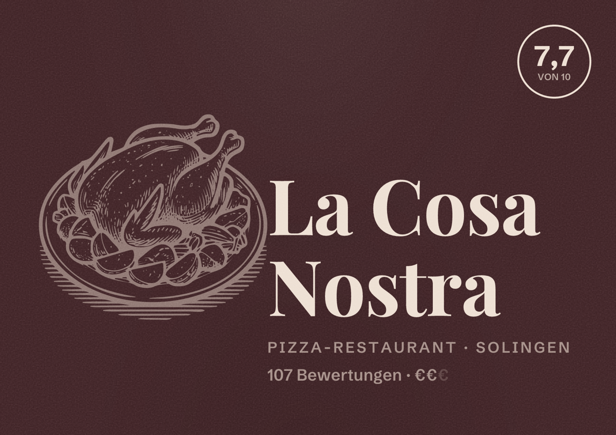 Illustriertes Poster von La Cosa Nostra, Pizza-Restaurant in Solingen: Bewertung 7,7 von 10 aus 107 Bewertungen, Preisniveau €€