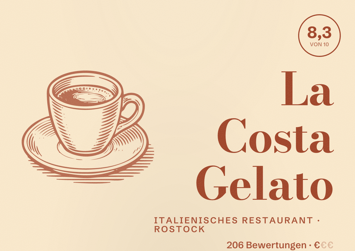 Illustriertes Poster von La Costa Gelato, Italienisches Restaurant in Rostock: Bewertung 8,3 von 10 aus 206 Bewertungen, Preisniveau €