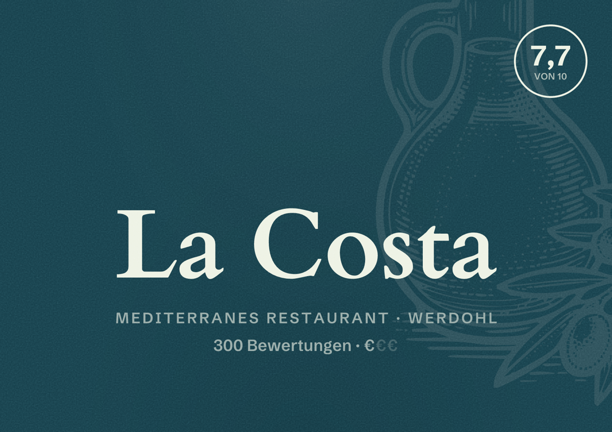 Illustriertes Poster von La Costa, Mediterranes Restaurant in Werdohl: Bewertung 7,7 von 10 aus 300 Bewertungen, Preisniveau €