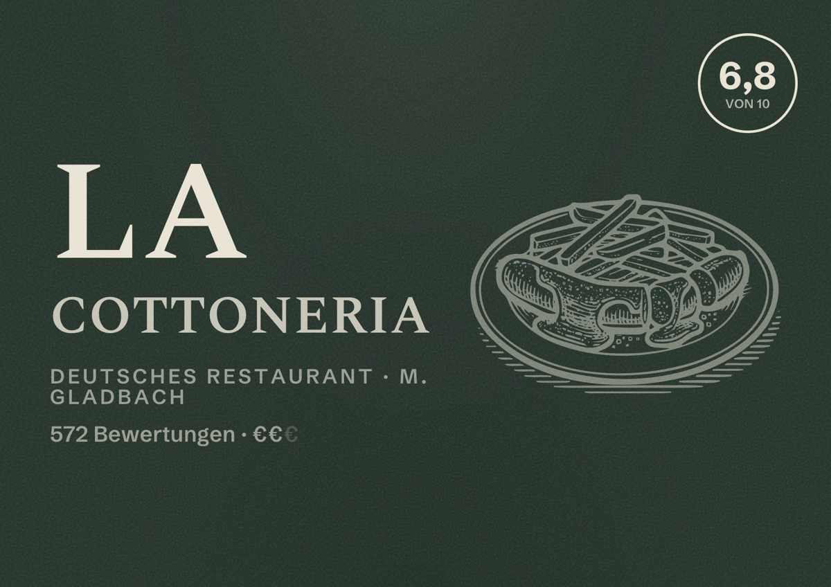 Illustriertes Poster von La Cottoneria, Deutsches Restaurant in M. Gladbach: Bewertung 6,8 von 10 aus 572 Bewertungen, Preisniveau €€