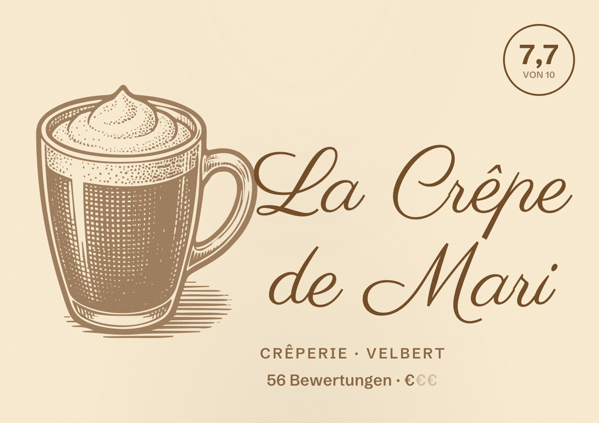 Illustriertes Poster von La Crêpe de Mari, Crêperie in Velbert: Bewertung 7,7 von 10 aus 56 Bewertungen, Preisniveau €