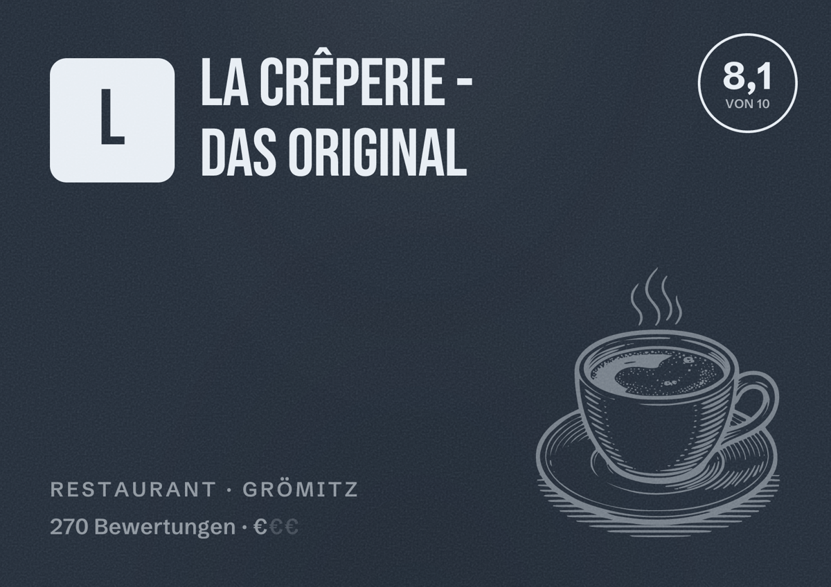 Illustriertes Poster von La Crêperie - Das Original, Restaurant in Grömitz: Bewertung 8,1 von 10 aus 270 Bewertungen, Preisniveau €
