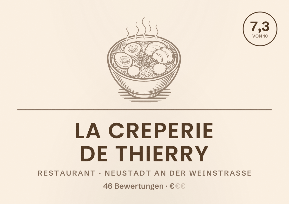 Illustriertes Poster von La Creperie de Thierry, Restaurant in Neustadt an der Weinstraße: Bewertung 7,3 von 10 aus 46 Bewertungen, Preisniveau €