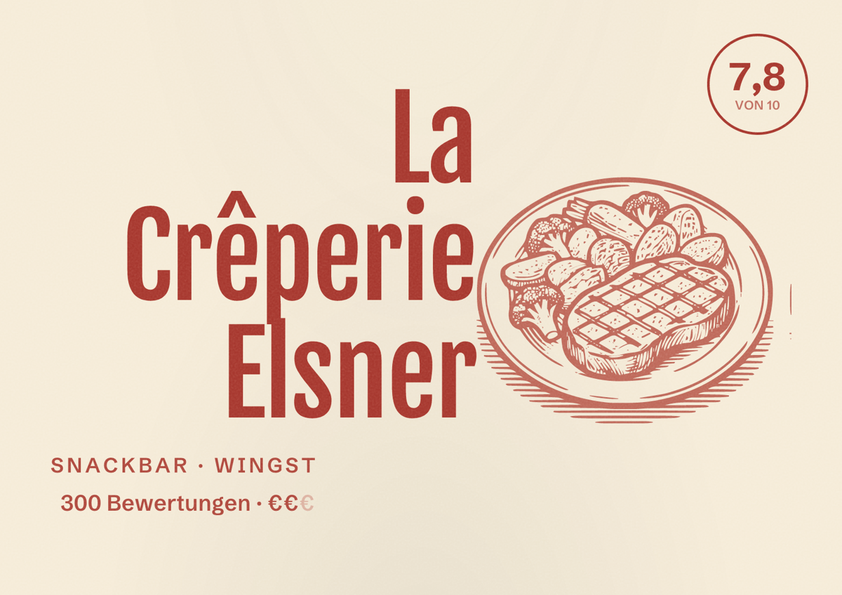 Illustriertes Poster von La Crêperie Elsner, Snackbar in Wingst: Bewertung 7,8 von 10 aus 300 Bewertungen, Preisniveau €€