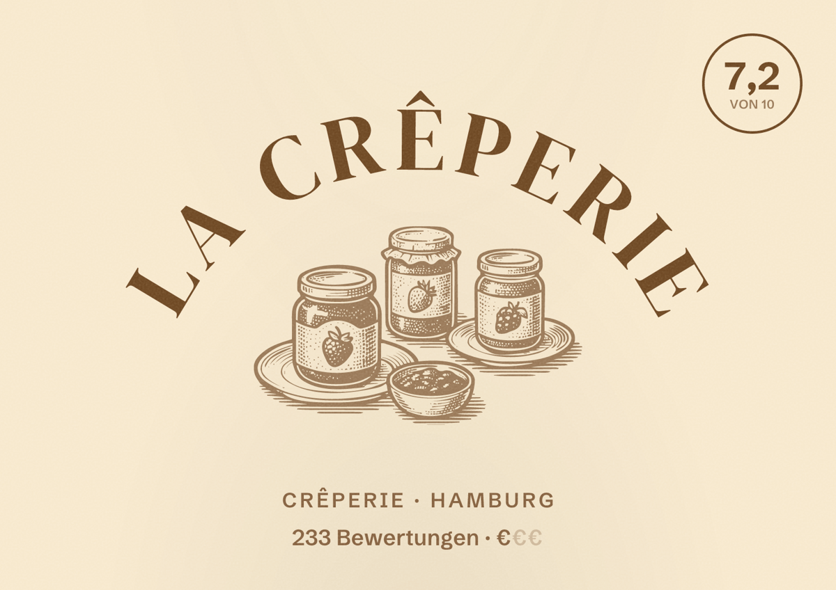 Illustriertes Poster von La Crêperie, Crêperie in Hamburg: Bewertung 7,2 von 10 aus 233 Bewertungen, Preisniveau €