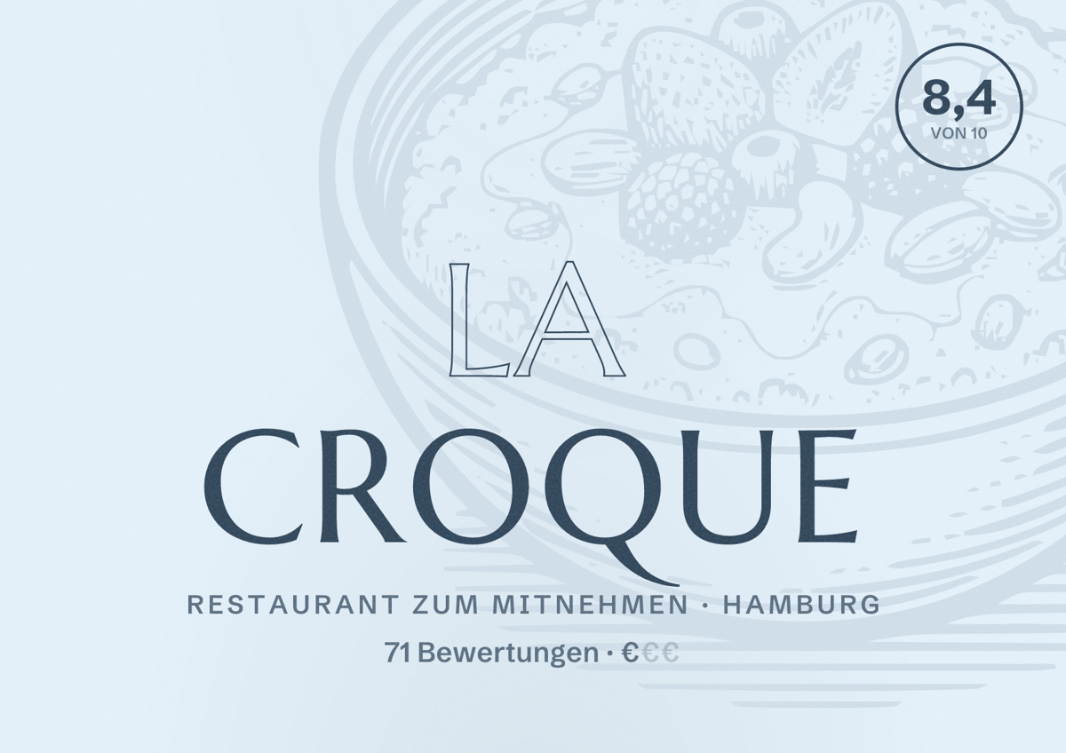 Illustriertes Poster von La Croque, Restaurant zum Mitnehmen in Hamburg: Bewertung 8,4 von 10 aus 71 Bewertungen, Preisniveau €