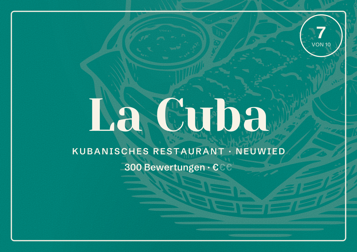 Illustriertes Poster von La Cuba, Kubanisches Restaurant in Neuwied: Bewertung 7 von 10 aus 300 Bewertungen, Preisniveau €