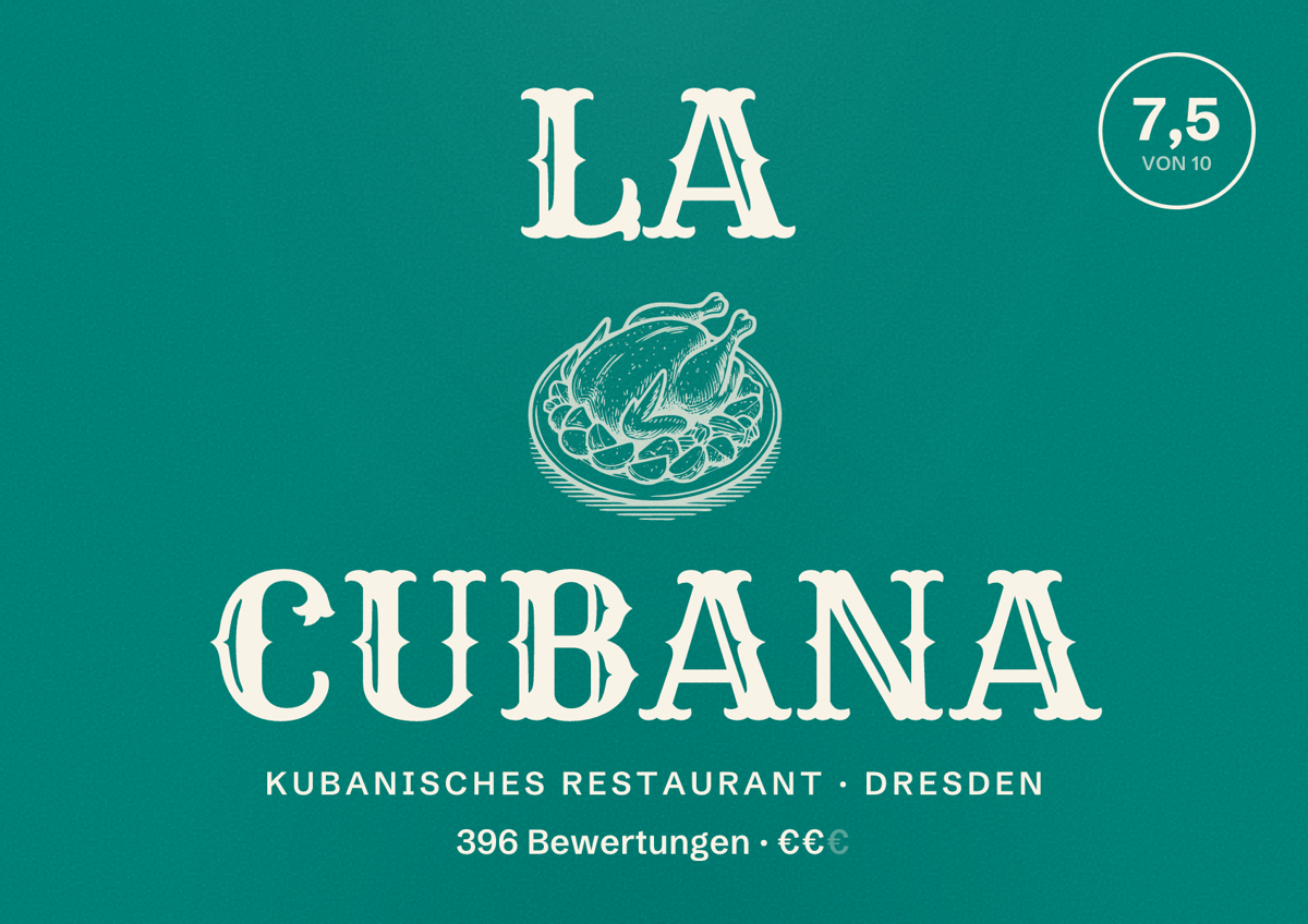 Illustriertes Poster von La Cubana, Kubanisches Restaurant in Dresden: Bewertung 7,5 von 10 aus 396 Bewertungen, Preisniveau €€
