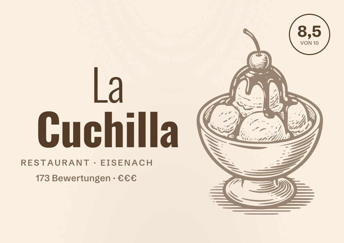Illustriertes Poster von La Cuchilla, Restaurant in Eisenach: Bewertung 8,5 von 10 aus 173 Bewertungen, Preisniveau €€€