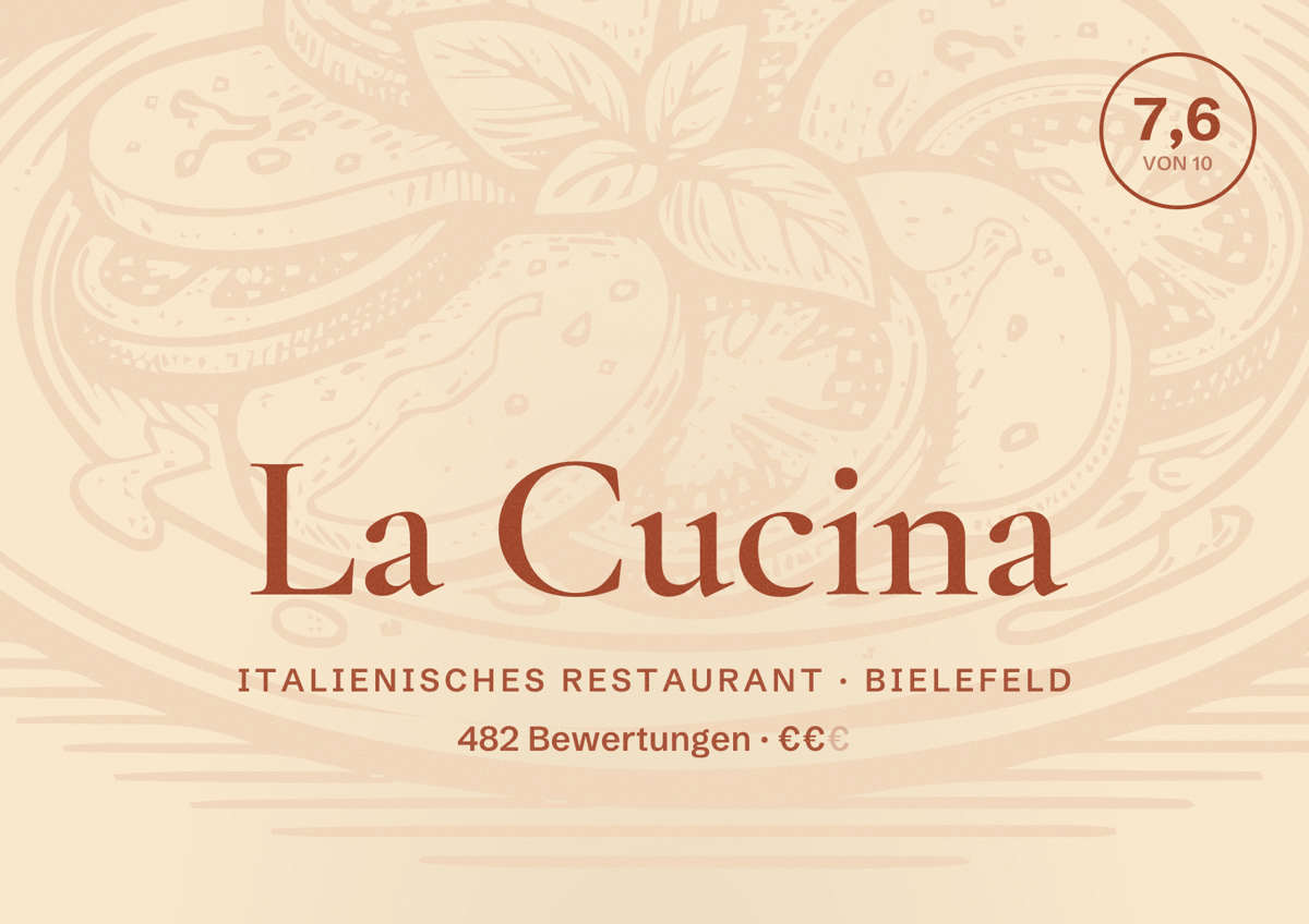 Illustriertes Poster von La Cucina, Italienisches Restaurant in Bielefeld: Bewertung 7,6 von 10 aus 482 Bewertungen, Preisniveau €€
