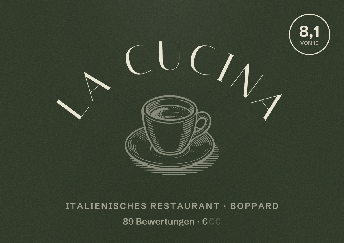 Illustriertes Poster von La Cucina, Italienisches Restaurant in Boppard: Bewertung 8,1 von 10 aus 89 Bewertungen, Preisniveau €