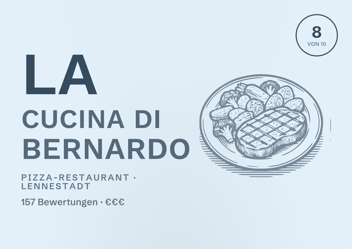 Illustriertes Poster von La Cucina di Bernardo, Pizza-Restaurant in Lennestadt: Bewertung 8 von 10 aus 157 Bewertungen, Preisniveau €€€