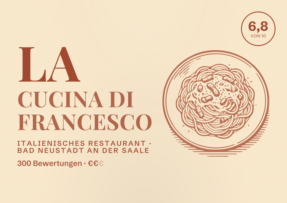 Illustriertes Poster von La Cucina di Francesco, Italienisches Restaurant in Bad Neustadt an der Saale: Bewertung 6,8 von 10 aus 300 Bewertungen, Preisniveau €€