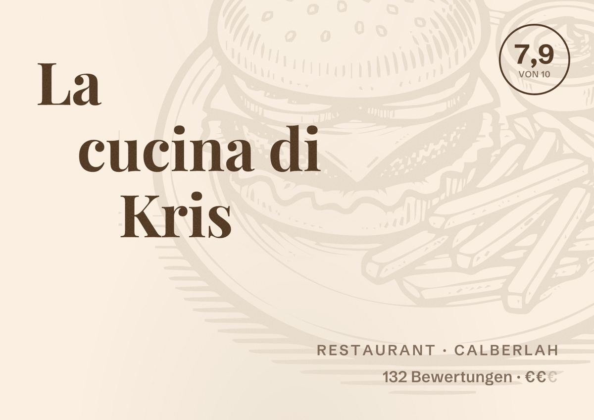 Illustriertes Poster von La cucina di Kris, Restaurant in Calberlah: Bewertung 7,9 von 10 aus 132 Bewertungen, Preisniveau €€