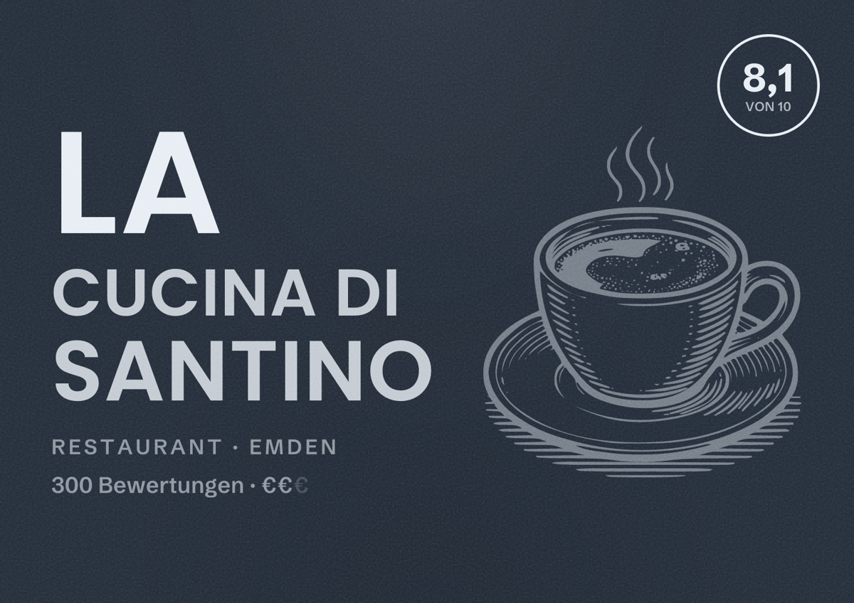 Illustriertes Poster von La cucina di Santino, Restaurant in Emden: Bewertung 8,1 von 10 aus 300 Bewertungen, Preisniveau €€