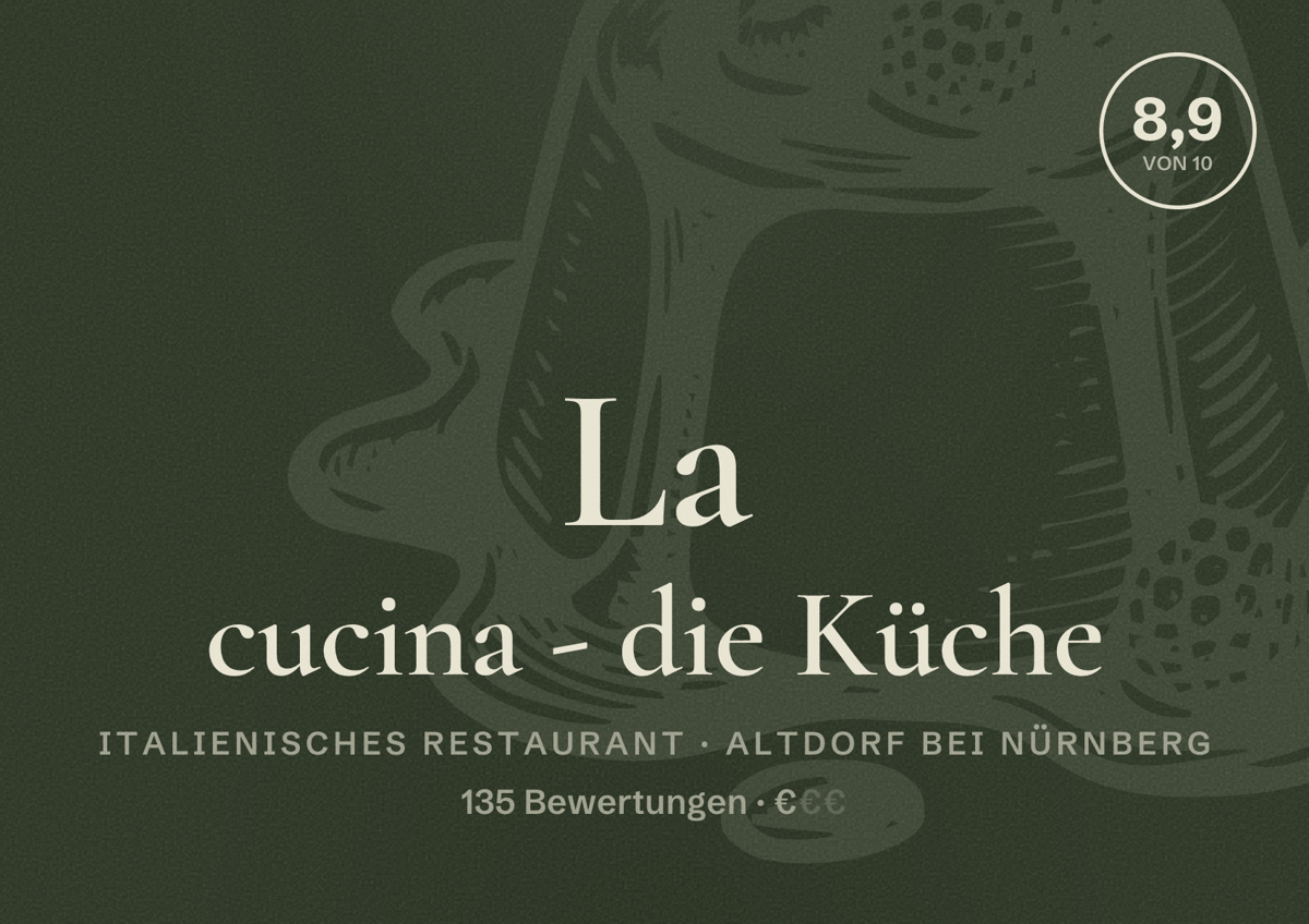 Illustriertes Poster von La cucina - die Küche, Italienisches Restaurant in Altdorf bei Nürnberg: Bewertung 8,9 von 10 aus 135 Bewertungen, Preisniveau €