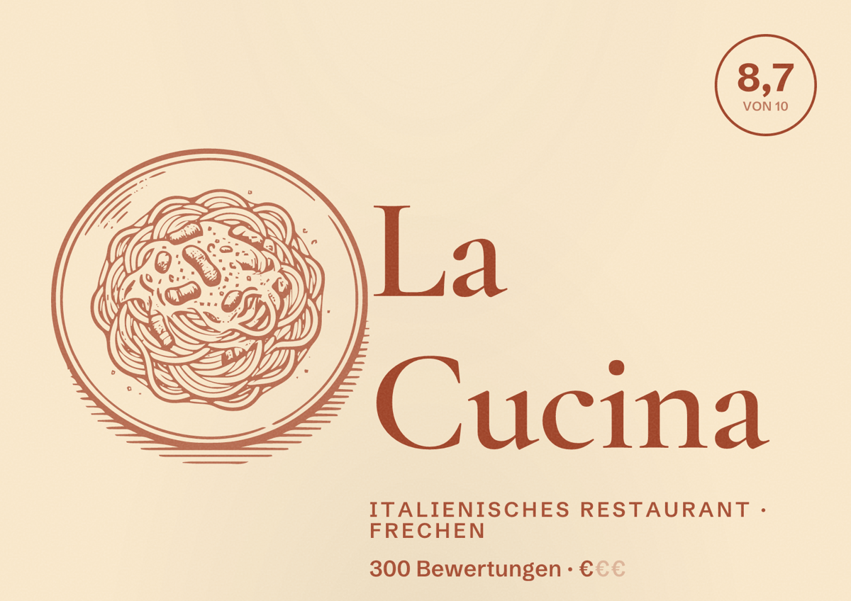 Illustriertes Poster von La Cucina, Italienisches Restaurant in Frechen: Bewertung 8,7 von 10 aus 300 Bewertungen, Preisniveau €
