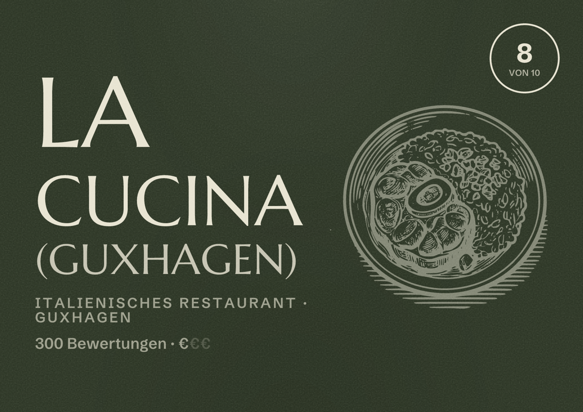 Illustriertes Poster von La Cucina (Guxhagen), Italienisches Restaurant in Guxhagen: Bewertung 8 von 10 aus 300 Bewertungen, Preisniveau €