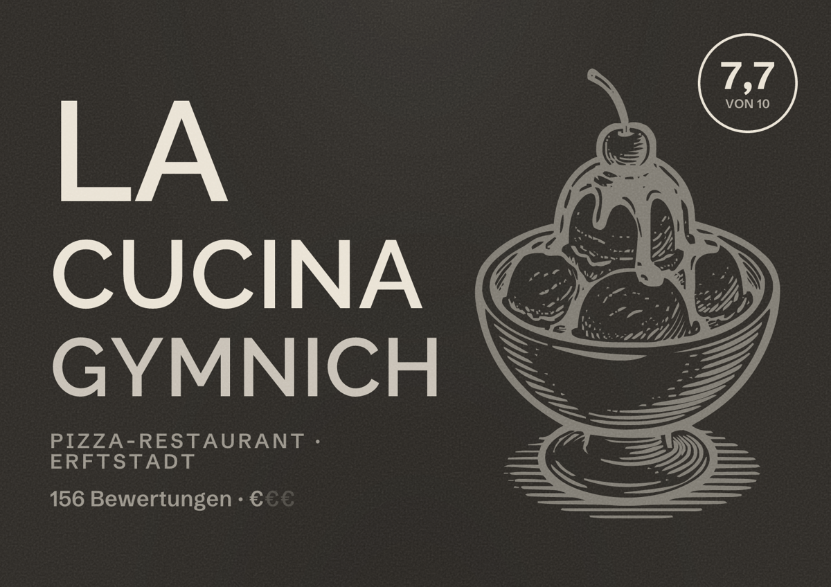 Illustriertes Poster von La Cucina Gymnich, Pizza-Restaurant in Erftstadt: Bewertung 7,7 von 10 aus 156 Bewertungen, Preisniveau €