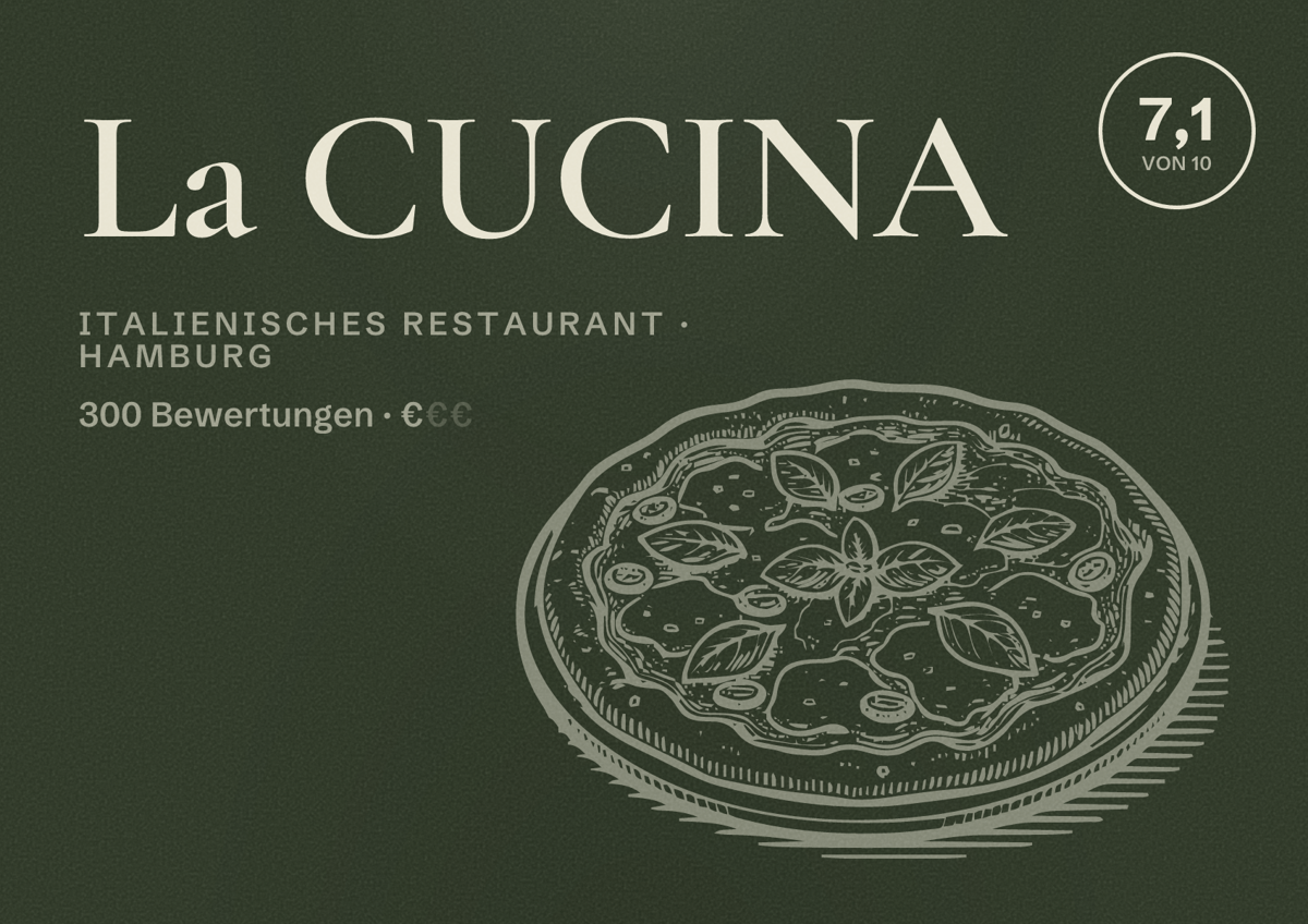 Illustriertes Poster von La CUCINA, Italienisches Restaurant in Hamburg: Bewertung 7,1 von 10 aus 300 Bewertungen, Preisniveau €