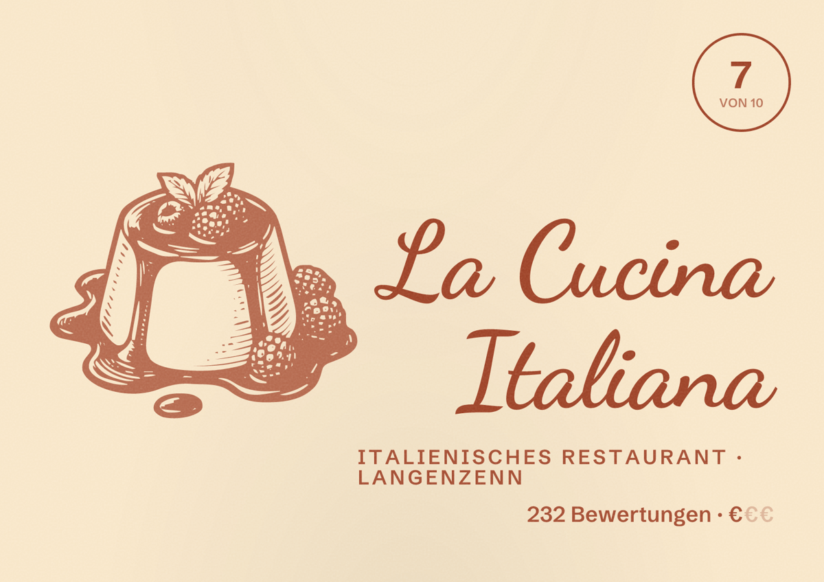 Illustriertes Poster von La Cucina Italiana, Italienisches Restaurant in Langenzenn: Bewertung 7 von 10 aus 232 Bewertungen, Preisniveau €