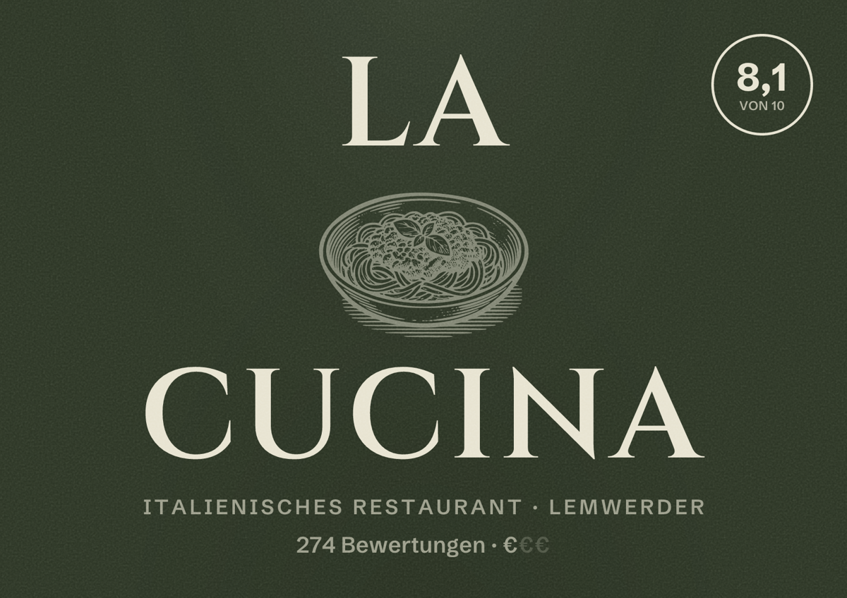 Illustriertes Poster von La Cucina, Italienisches Restaurant in Lemwerder: Bewertung 8,1 von 10 aus 274 Bewertungen, Preisniveau €