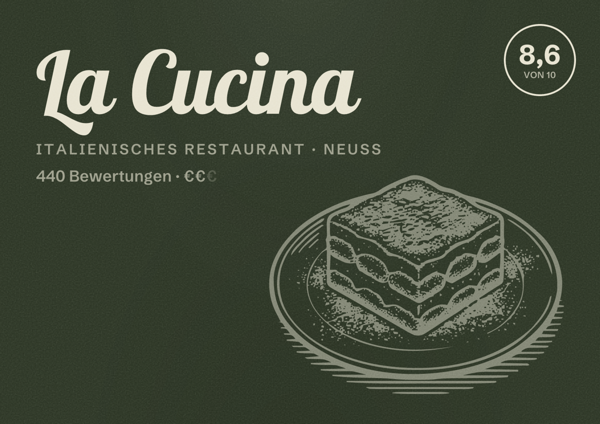 Illustriertes Poster von La Cucina, Italienisches Restaurant in Neuss: Bewertung 8,6 von 10 aus 440 Bewertungen, Preisniveau €€