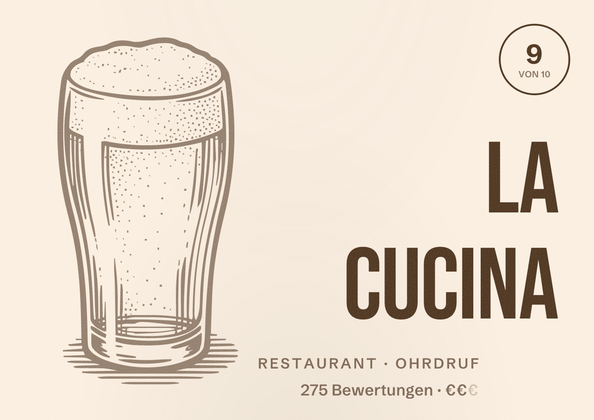 Illustriertes Poster von La Cucina, Restaurant in Ohrdruf: Bewertung 9 von 10 aus 275 Bewertungen, Preisniveau €€
