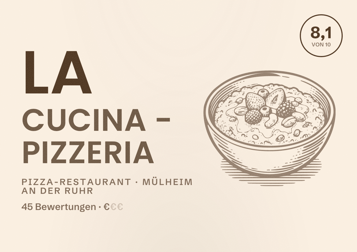 Illustriertes Poster von La Cucina - Pizzeria, Pizza-Restaurant in Mülheim an der Ruhr: Bewertung 8,1 von 10 aus 45 Bewertungen, Preisniveau €