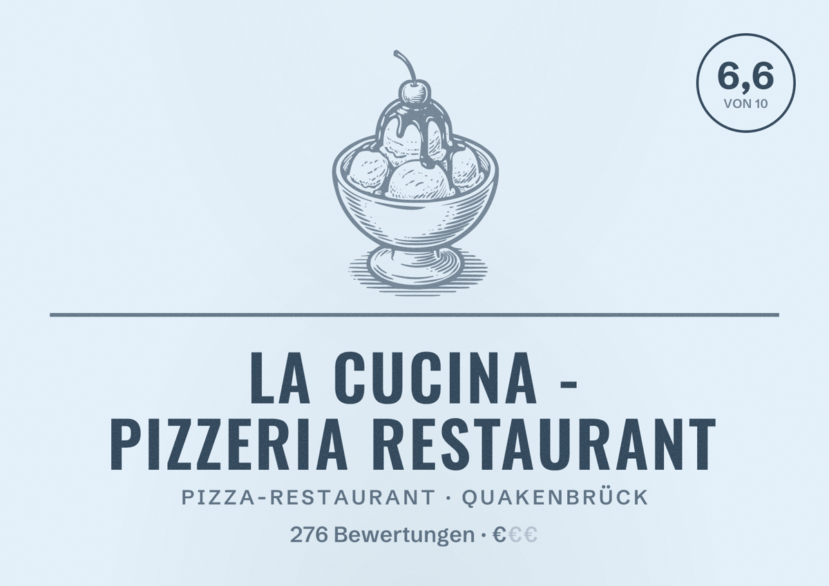Illustriertes Poster von La Cucina - Pizzeria Restaurant, Pizza-Restaurant in Quakenbrück: Bewertung 6,6 von 10 aus 276 Bewertungen, Preisniveau €