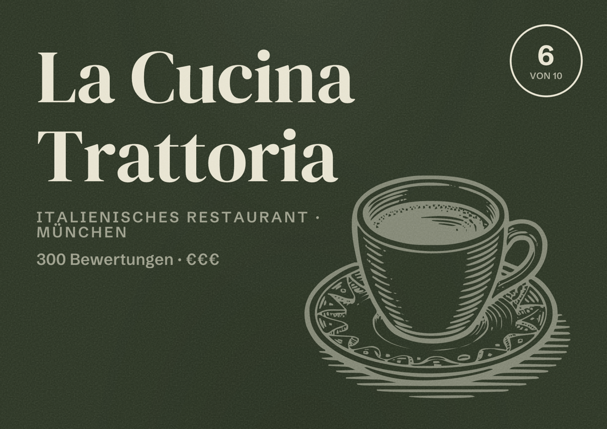 Illustriertes Poster von La Cucina Trattoria, Italienisches Restaurant in München: Bewertung 6,0 von 10 aus 300 Bewertungen, Preisniveau €€€