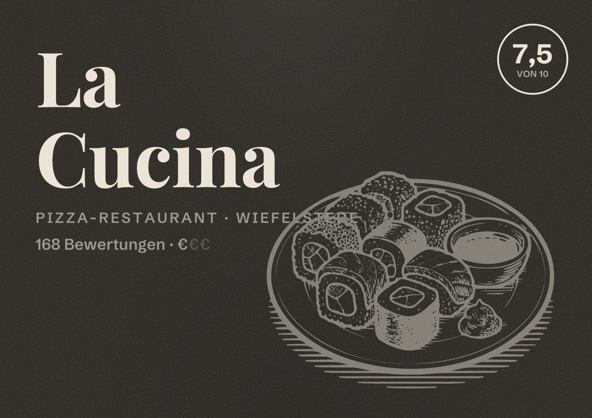 Illustriertes Poster von La Cucina, Pizza-Restaurant in Wiefelstede: Bewertung 7,5 von 10 aus 168 Bewertungen, Preisniveau €