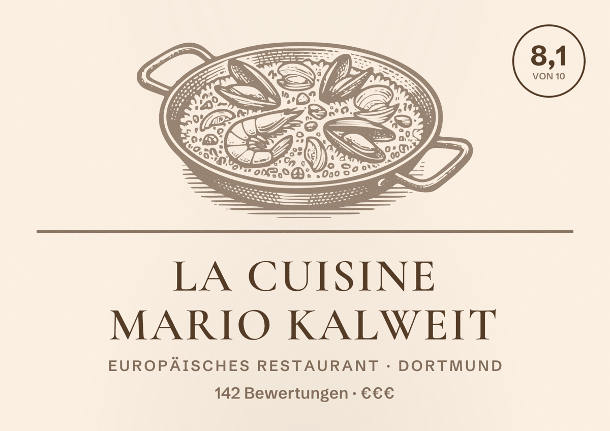 Illustriertes Poster von La cuisine Mario Kalweit, Europäisches Restaurant in Dortmund: Bewertung 8,1 von 10 aus 142 Bewertungen, Preisniveau €€€