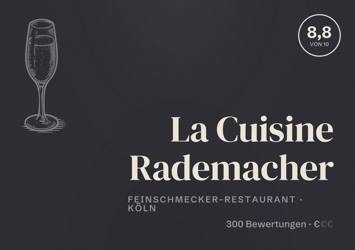 Illustriertes Poster von La Cuisine Rademacher, Feinschmecker-Restaurant in Köln: Bewertung 8,8 von 10 aus 300 Bewertungen, Preisniveau €