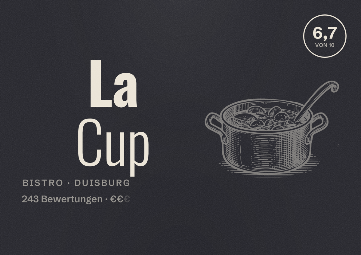 Illustriertes Poster von La Cup, Bistro in Duisburg: Bewertung 6,7 von 10 aus 243 Bewertungen, Preisniveau €€