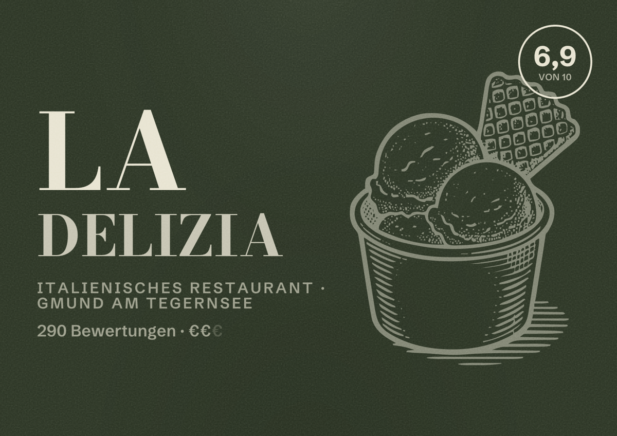 Illustriertes Poster von La Delizia, Italienisches Restaurant in Gmund am Tegernsee: Bewertung 6,9 von 10 aus 290 Bewertungen, Preisniveau €€