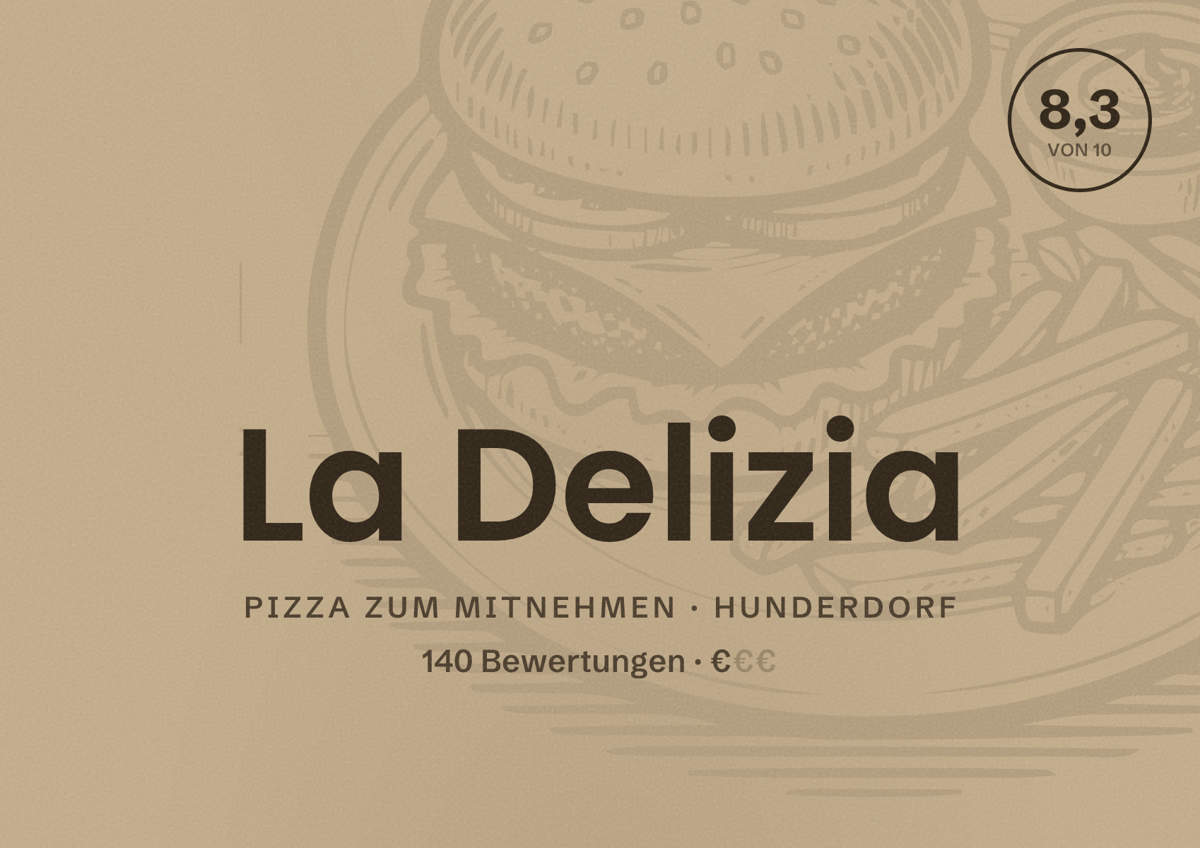 Illustriertes Poster von La Delizia, Pizza zum Mitnehmen in Hunderdorf: Bewertung 8,3 von 10 aus 140 Bewertungen, Preisniveau €