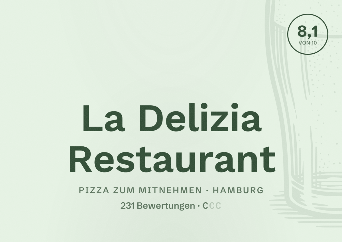 Illustriertes Poster von La Delizia Restaurant, Pizza zum Mitnehmen in Hamburg: Bewertung 8,1 von 10 aus 231 Bewertungen, Preisniveau €