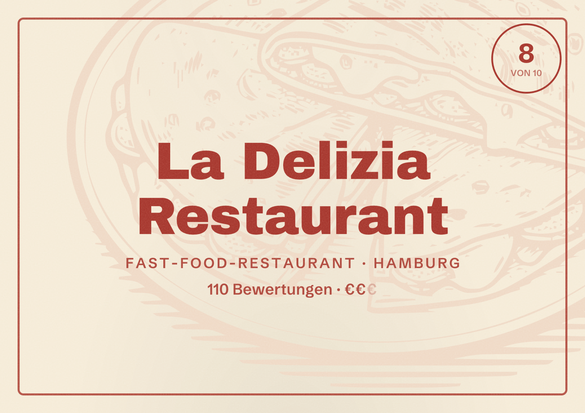 Illustriertes Poster von La Delizia Restaurant, Fast-Food-Restaurant in Hamburg: Bewertung 8,0 von 10 aus 110 Bewertungen, Preisniveau €€