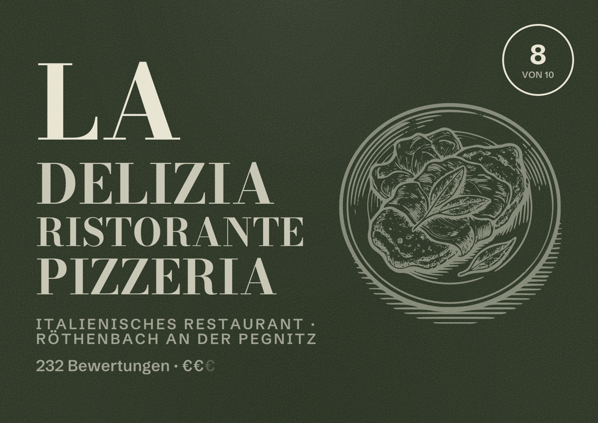 Illustriertes Poster von La Delizia Ristorante Pizzeria, Italienisches Restaurant in Röthenbach an der Pegnitz: Bewertung 8 von 10 aus 232 Bewertungen, Preisniveau €€