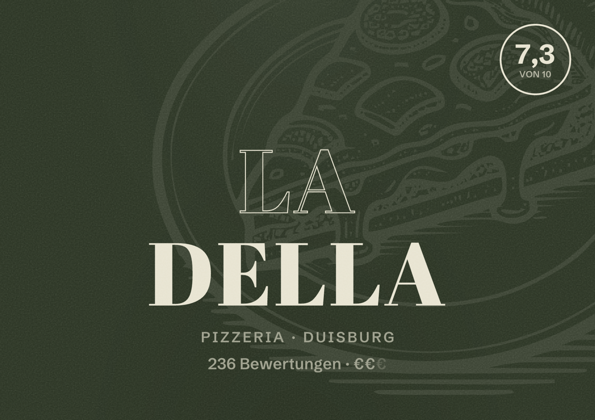 Illustriertes Poster von La Della, Pizzeria in Duisburg: Bewertung 7,3 von 10 aus 236 Bewertungen, Preisniveau €€