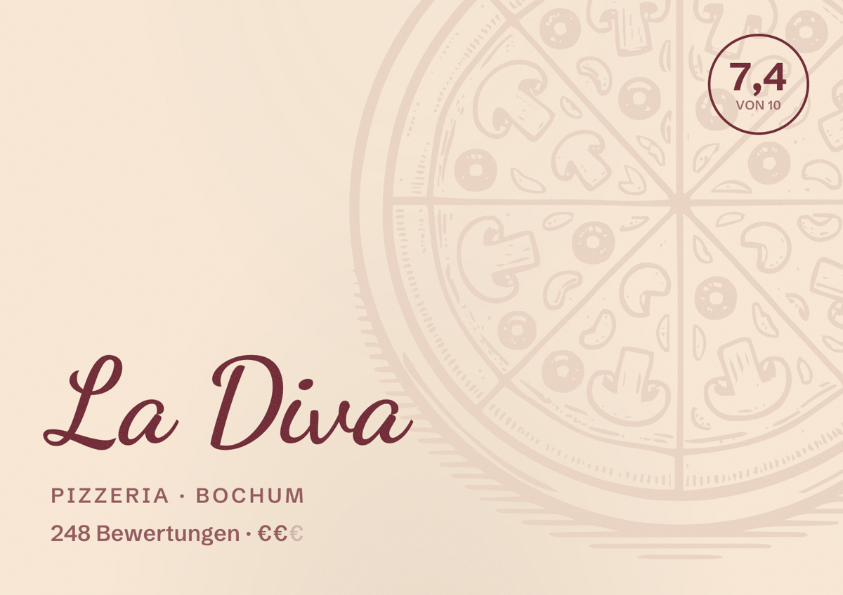 Illustriertes Poster von La Diva, Pizzeria in Bochum: Bewertung 7,4 von 10 aus 248 Bewertungen, Preisniveau €€