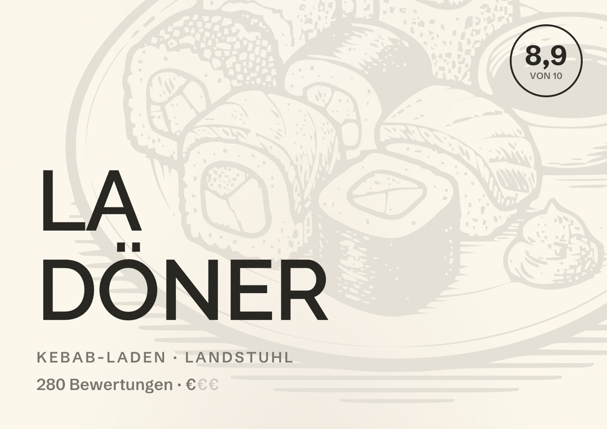 Illustriertes Poster von LA DÖNER, Kebab-Laden in Landstuhl: Bewertung 8,9 von 10 aus 280 Bewertungen, Preisniveau €