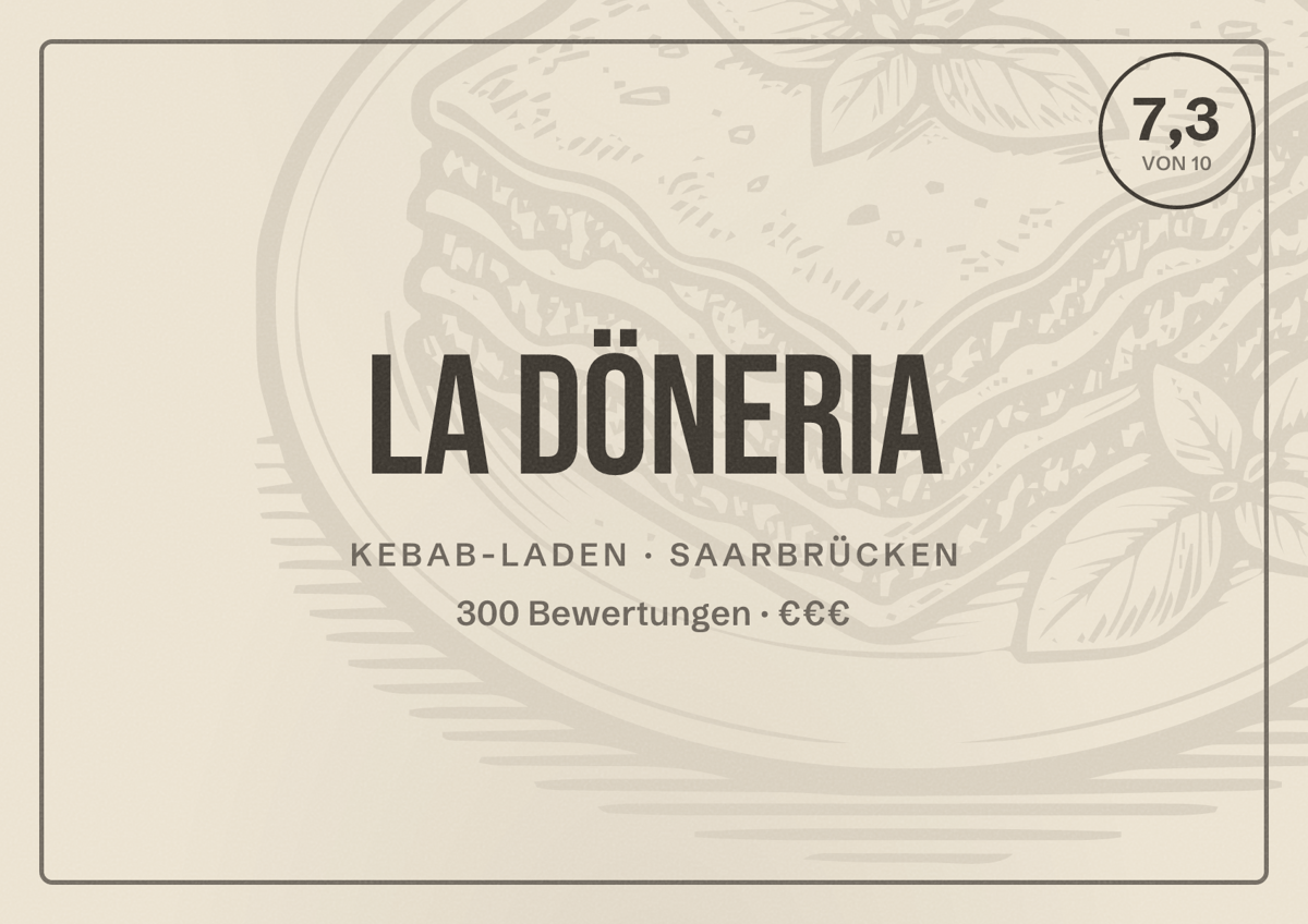 Illustriertes Poster von La Döneria, Kebab-Laden in Saarbrücken: Bewertung 7,3 von 10 aus 300 Bewertungen, Preisniveau €€€