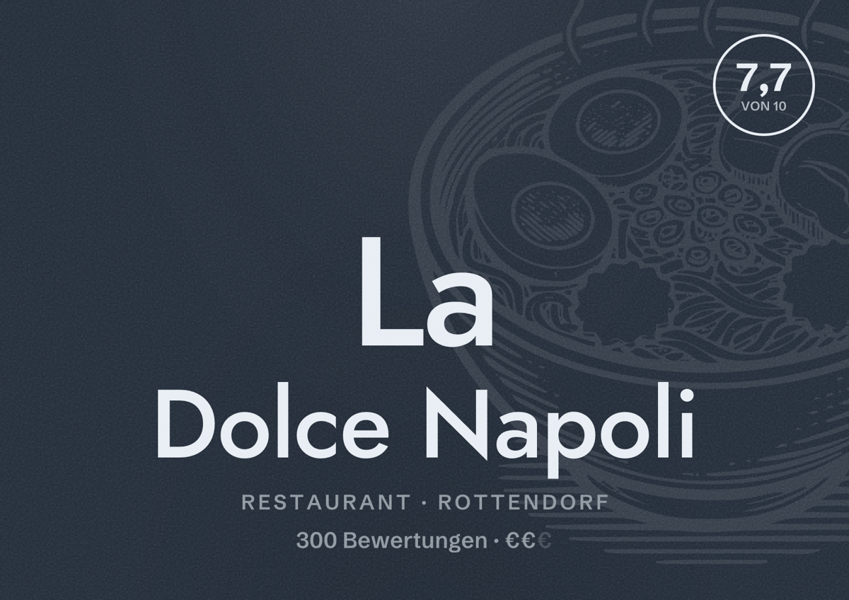 Illustriertes Poster von La Dolce Napoli, Restaurant in Rottendorf: Bewertung 7,7 von 10 aus 300 Bewertungen, Preisniveau €€