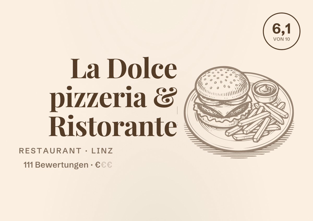 Illustriertes Poster von La Dolce pizzeria & Ristorante, Restaurant in Linz: Bewertung 6,1 von 10 aus 111 Bewertungen, Preisniveau €
