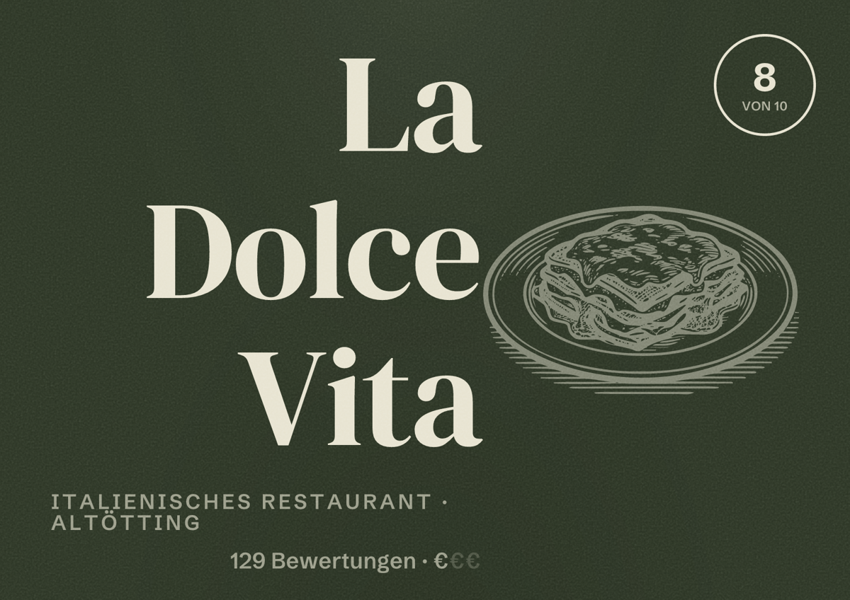 Illustriertes Poster von La Dolce Vita, Italienisches Restaurant in Altötting: Bewertung 8 von 10 aus 129 Bewertungen, Preisniveau €